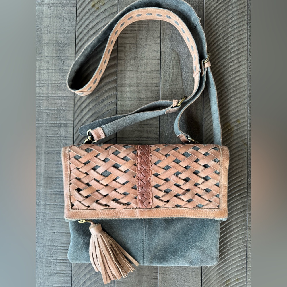 Anabaglish Woven Suede Leather Brown & Gray Crossbody Bag/Purse